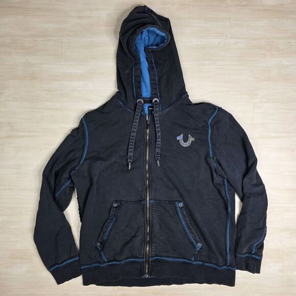 True Regligion Distressed Cotton Full Zip Hoodie Y2K Men's Size XL - Picture 1 of 11